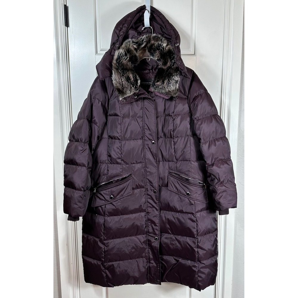London Fog Women's 1X Plum Quilted Down Blend‎ Parka with Faux Fur Hood Trim